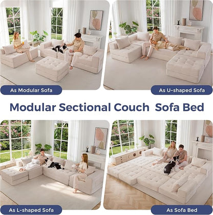 MAXYOYO Modular Sectional Sofa Couch, Foldable U Shaped Cloud Couch with Pillows, Tufted 6-Seat Boneless Lounger Sofa for Living Room, No Assembly Required, Beige