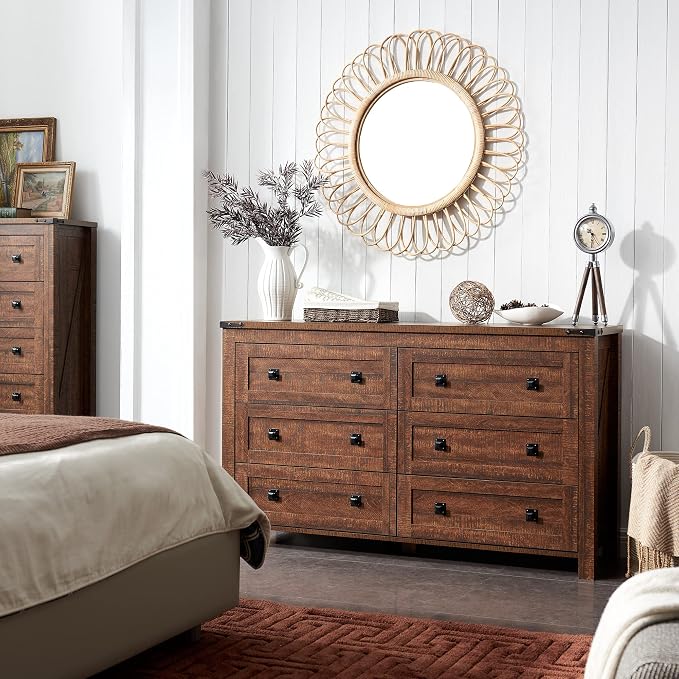 T4TREAM 54" Wide Farmhouse 6-Drawer Dresser for Bedroom, Reclaimed Barnwood | Rustic, Wood Storage Cabinet, Metal Handle, Unique Corner Accent, Bedroom, Living Room, Hallway