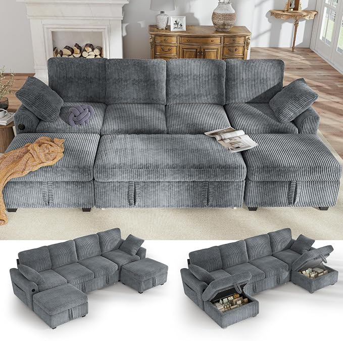 Hanherry 104" Sectional Sofa with Pull Out Couch Bed,Corduroy Sleeper Sofa with Storage Ottoman & USB Charging,Comfy L Shaped Modular Couches for Living Room,Apartment