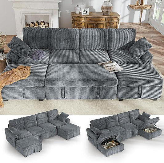 Hanherry 104" Sectional Sofa with Pull Out Couch Bed,Corduroy Sleeper Sofa with Storage Ottoman & USB Charging,Comfy L Shaped Modular Couches for Living Room,Apartment