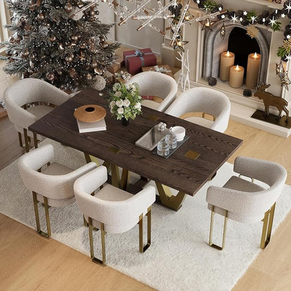 Gold Dining Chair with Arms, Luxury Off White Boucle Upholstered Barrel Dining Room Chairs with Armrest & Brushed Gold Metal Frame for Kitchen(5 PCS)