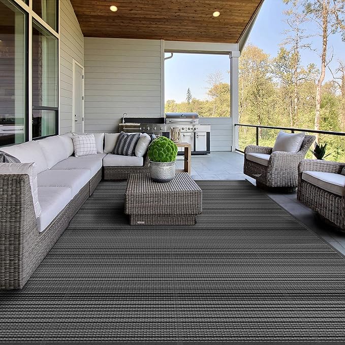 GENIMO Outdoor Rug for Patio Clearance, 5'x8' Reversible Plastic Straw Rugs, Lightweight Waterproof RV Camping Mat for Camper, Balcony, Deck, Backyard, Picnic, BlackGray