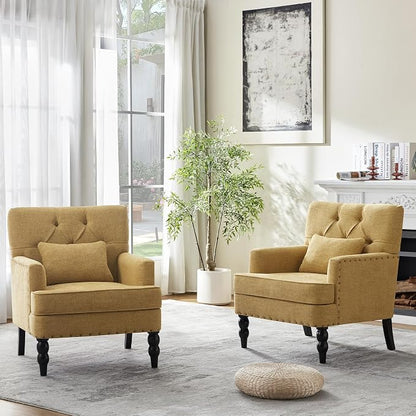 HUIMO Set of 2 Accent Chairs for Living Room, Tufted Upholstered Club Chairs with Lumbar Pillows, Vintage Reading Armchairs with Solid Wood Legs for Bedroom Apartment, Mustard Yellow