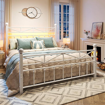 EnHomee 14.2" Queen Size Metal Platform Bed Frame, 54" Tall Headboard and LED Lights, Victorian Vintage Footboard, Under Bed Storage, Heavy Duty Metal Slats & Noise Free, White