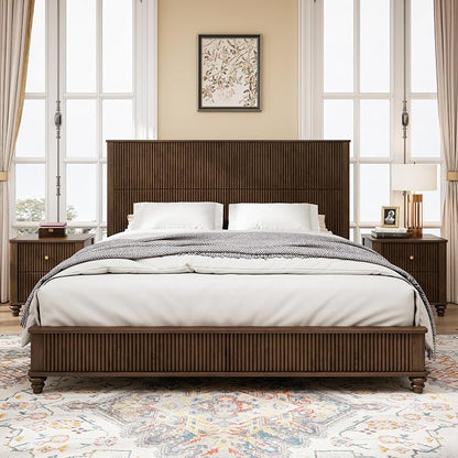 3-Pieces Bedroom Sets, King Size Platform Bed with 2 Nightstands, Solid Wood Platform Bed Frame with Tall Headboard and Classic American Turned Legs (Brown-5.25, King)