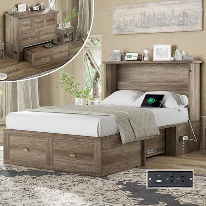 AMERLIFE Twin Size Murphy Bed, Farmhouse Wooden Cabinet with Charging Station and Storage Drawer for Bedroom/Office/Guest Room, Grey Oak