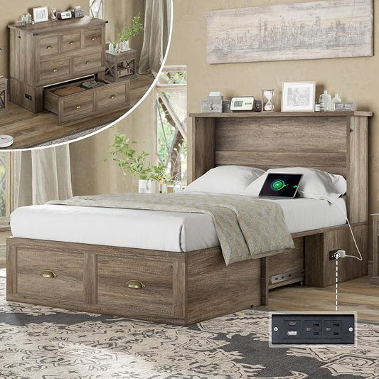 AMERLIFE Twin Size Murphy Bed, Farmhouse Wooden Cabinet with Charging Station and Storage Drawer for Bedroom/Office/Guest Room, Grey Oak