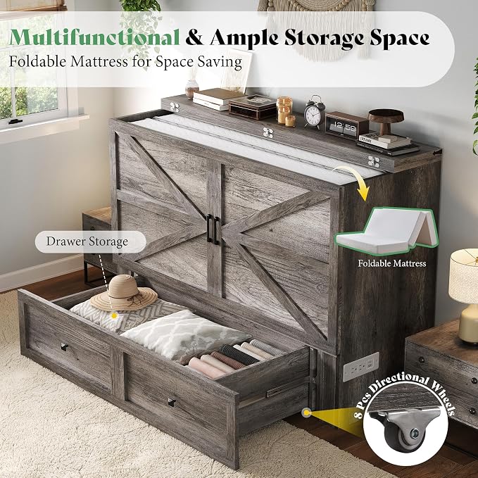 AMERLIFE Full Murphy Bed Cabinet with 6" Tri-Fold Memory Foam Mattress, Storage Drawer & Charging Station, Space-Saving Guest Bed for Home Office, Rustic Grey