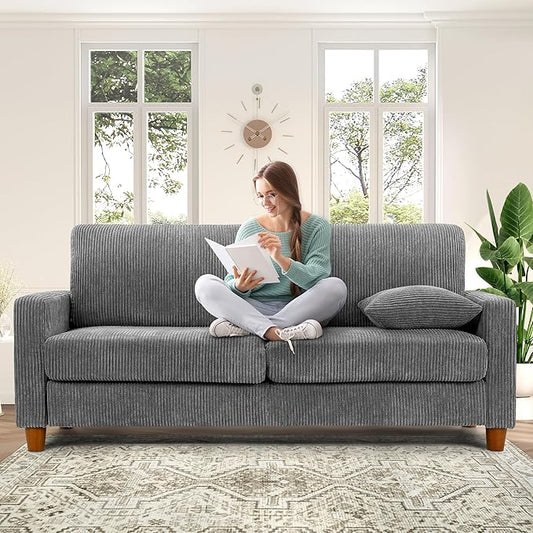 Kidirect 70in Corduroy Couch, Sofa No Tool Assembly, Comfy Couches for Living Room 21in Deeper Seats, Corduroy Sofas for Living Room with 2 Pillows, Oversized Loveseat Sofa, Boho Love Seat Grey Couch