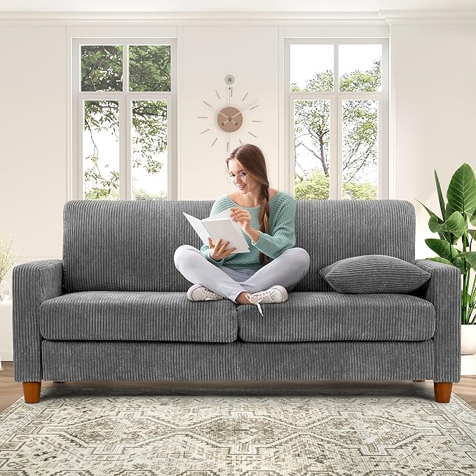Kidirect 70in U Shaped Couch, Modular Sofa No Tool Assembly, Comfy Sectional Couches for Living Room 21in Deeper Seats, Corduroy Sofas for Living Room with 2 Pillows, Loveseat Sofa Set, Grey Couch