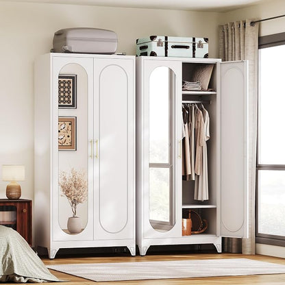 UNICOLY Metal Wardrobe Cabinet with Mirror Doors，71" Tall Armoire Wardrobe Closet with Hanging Rod and Adjustable Shelves，White Clothing Storage Cabinets for Bedroom, Living Room,Office