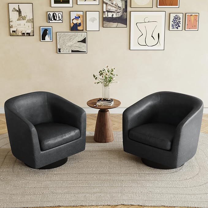 360° Swivel Barrel Accent Chair Armchair, PU Leather Round Club Arm Chair for Lving Room, Modern Upholstered Small Bedroom Single Sofa Seat - Black, Set of 2