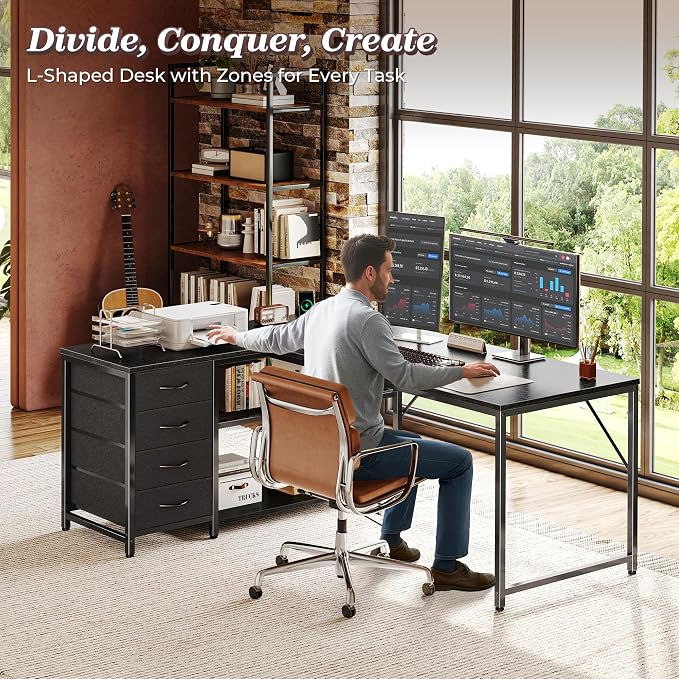 PRAISUN 53" L Shaped Desk with Power Outlets & USB-C Port, Reversible Computer Corner Office Desk with 4 Fabric Drawers and 2 Storage Shelves, Large Desk for Gaming Writing Work Study, Black