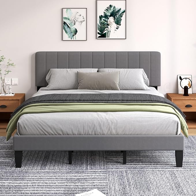 King Size Bed Frame with Velvet Upholstered Platform Bed and Wooden Slats Support, Adjustable Height Headboard/No Box Spring Needed/Easy Assembly/Mattress Foundation