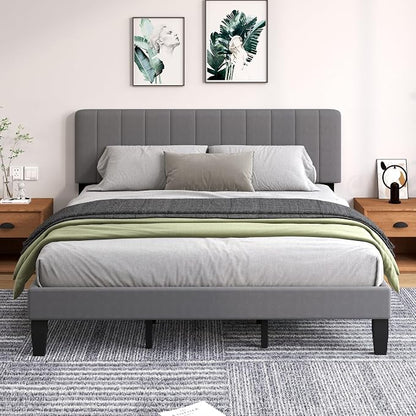 King Size Bed Frame with Velvet Upholstered Platform Bed and Wooden Slats Support, Adjustable Height Headboard/No Box Spring Needed/Easy Assembly/Mattress Foundation