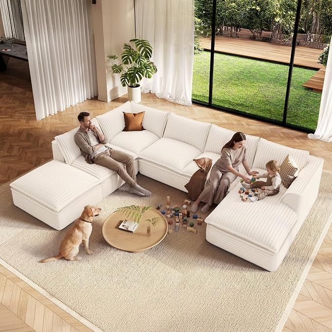 Vesgantti 141.7" Oversized Sectional Boneless Couch, Modern 7 Seater Modular Sofa with Chaise & Ottoman, Deep Seat Plush Corduroy Cloud Couches for Living Room, No Assembly Required, Beige