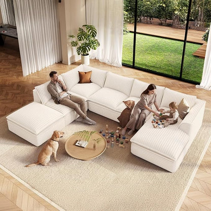Vesgantti 141.7" Oversized Sectional Boneless Couch, Modern 7 Seater Modular Sofa with Chaise & Ottoman, Deep Seat Plush Corduroy Cloud Couches for Living Room, No Assembly Required, Beige