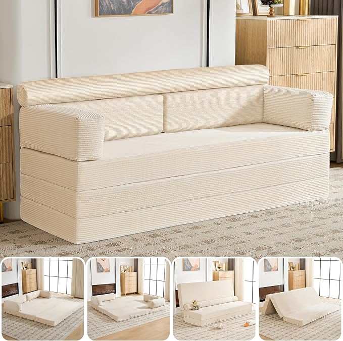 5-in-1 Convertible Sofa Bed, 78" Boneless Couch Tri Folding Mattress with Removable L-Shaped Armrests, Corduroy Futon Couch Sleeper with Pull Out Bed for Living Room Bedroom Apartment, Beige