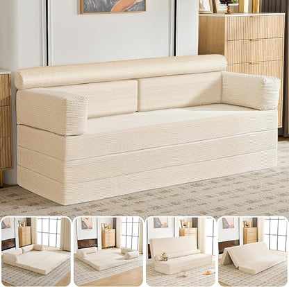 5-in-1 Convertible Sofa Bed Queen, 60" Boneless Loveseat Couch Tri Folding Mattress with L-Shaped Armrests, Corduroy Futon Couch Sleeper with Pull Out Bed for Living Room Bedroom Apartment, Beige