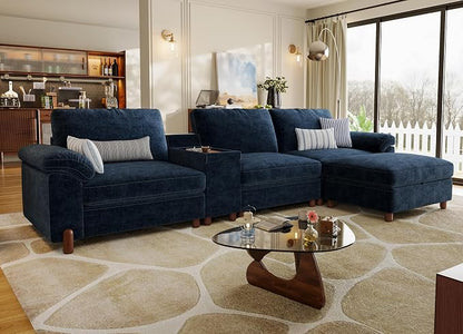 SITJOY Large Cloud Couch, 132" Wide 3 Seater Couch with Console, Navy Blue | Detachable and Washable Chenille Cover Sectional Sofas for Living Room, Deep Seat Wide Couch with Chaise, Storage Ottoman