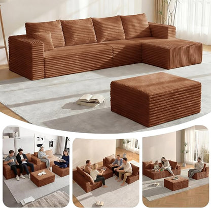 92.5'' U-Shaped Boneless Couches, Sectional Sofa with Deep Seat with Ottoman, Corduroy Modular Sectional Sofa, Convertible Cloud Couch with Oversized Deep Seats No Assembly Needed