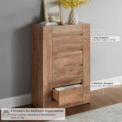 OKD 5 Drawer Dresser for Bedroom, 48" Tall Dresser Chest of Drawers with Thick Wood Design, Handleless, Modern Bedroom Dresser, Storage Organizer for Living Room/Entryway, Light Knotty Wood