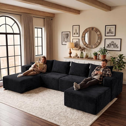 118" U Modular Sectional Sofa, Oversized Cloud Boneless Sofa Couch with Chaise, Modern Corduroy U Shaped Cloud Sofa with Deep Seat & Chaise for Living Room, No Assembly Required