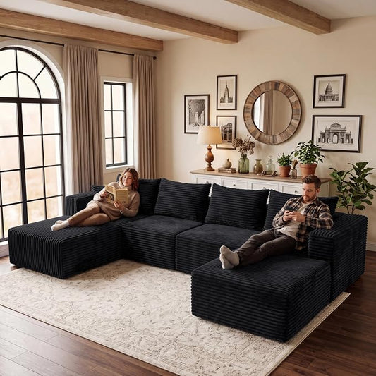 118" U Modular Sectional Sofa, Oversized Cloud Boneless Sofa Couch with Chaise, Modern Corduroy U Shaped Cloud Sofa with Deep Seat & Chaise for Living Room, No Assembly Required