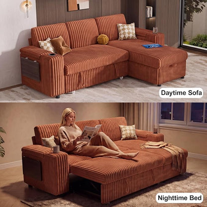 Vipbear 86" Modular Sectional Sleeper Sofa with Pull Out Bed, 3 Seat Plush Corduroy L Shaped Couch with Storage Chaise|USB Ports|Cup Holders|Side Table|Storage Armrests, Tool Free Assembly, Orange