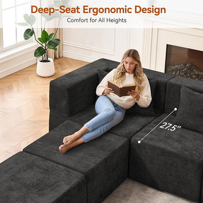MONVANE Modular Sectional Sofa, Oversized 10 Seat Convertible U Shaped Couch with Ottoman, Comfy Chenille Deep Seat Cloud Couch, Sectional Couches for Living Room, No Assembly Required, Black