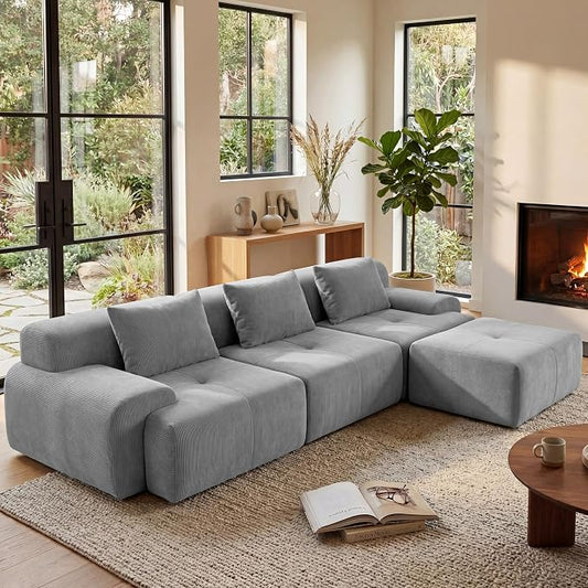 GRUSIGN 108'' Modular Sectional Boneless Couch, Tufted Cloud Sectional Couches for Living Room, L Shape Deep Seat Sofa with Ottoman & 3 Throw Pillows,Corduroy Oversized Couch,Light Grey