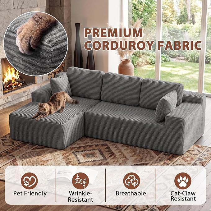 Homall 110" Boneless Sectional Couch, Modular Sectional Sofa L-Shape Couch with Deep Seat, Cloud Comfy Boneless Couch for Living Room, No Assembly Required (Corduroy, Grey)