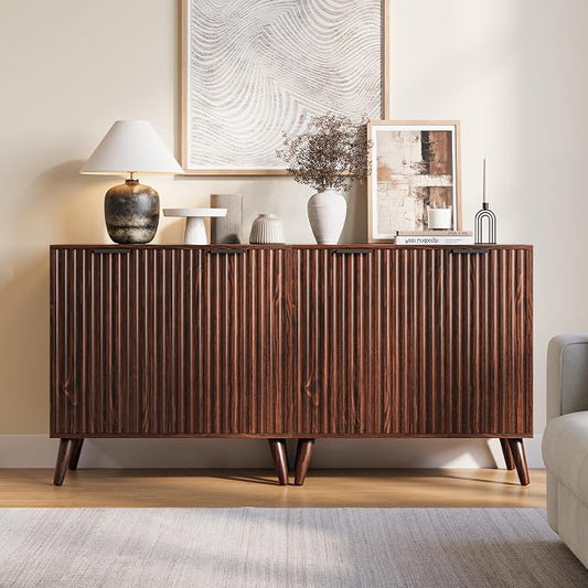 Set of 2 Fluted Sideboard Buffet Cabinet, 63" Mid Century Modern Storage Cabinet with Adjustable Shelves & 4 Doors, Accent Cabinet for Dining Room & Living Room, Walnut