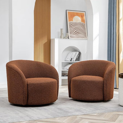KINWELL 68" Boucle Upholstered Loveseat Sofa with Set of 2 Swivel Barrel Accent Chairs, Minimalist Comfy 2-Seater Couch and 2 Sherpa Armchairs for Small Spaces Apartment, Brown