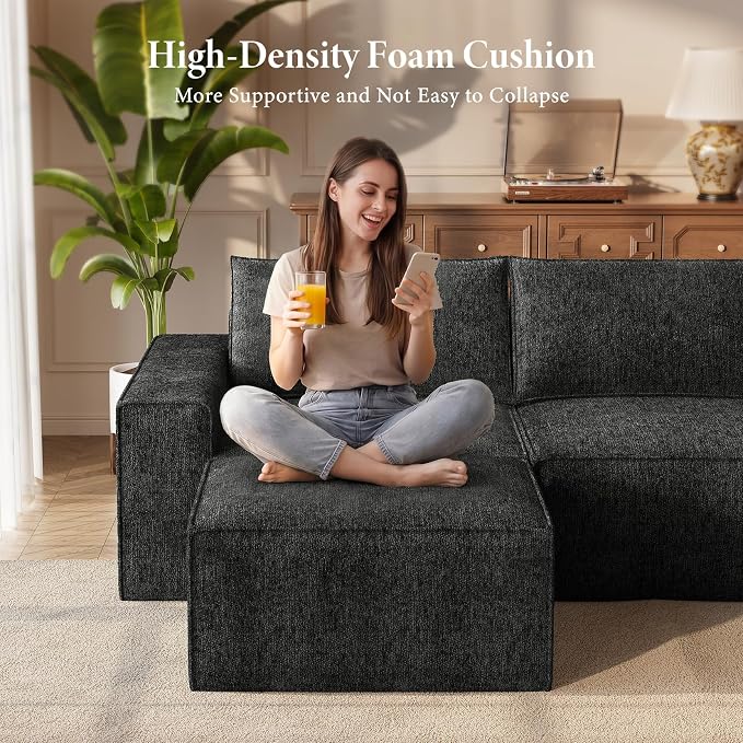 Vesgantti 114" Boneless Modular Sectional Sofa, Modern U Shaped 5 Seater Couch with 2 Ottoman & Deep Seat, Convertible Chenille Cloud Couches for Living Room, No Assembly Required, Black