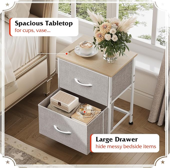 WLIVE Night Stand, Gray Nightstand with 2 Fabric Drawers, Small Dresser for Bedroom, Closet, College Dorm, End Table Side Furniture, Wood Top, Light Grey