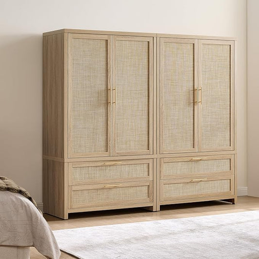 SICOTAS Armoire Wardrobe Closet, Larger Rattan Wardrobe Storage Cabinet with 2 Drawers & Hanging Rod, Boho Large-Capacity Deep Clothes Organizer for Cloakroom, Bedroom, Light Oak (3 PCS)