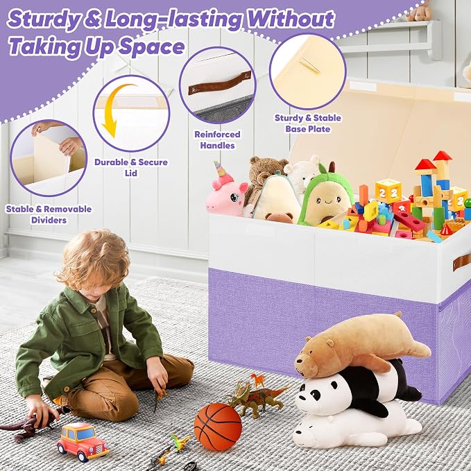 Mabahoo Large Toy Box, Collapsible Sturdy Storage Chest With Lids, Kids Toy Chest Storage Organizer Toddler Bin Boxes for Living Room, Bedroom, Nursery, 25"x13"x16", Purple & White