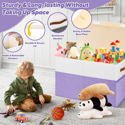 Mabahoo Large Toy Box, Collapsible Sturdy Storage Chest With Lids, Kids Toy Chest Storage Organizer Toddler Bin Boxes for Living Room, Bedroom, Nursery, 25"x13"x16", Purple & White
