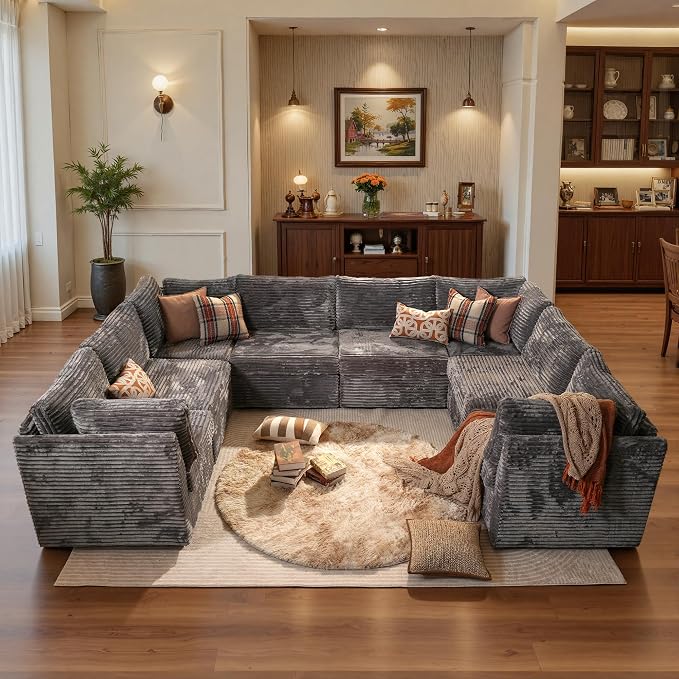 ovios Modular Sectional Sofa Couch with U-Shape Chaise Oversized, Comfy Plush Corduroy Cloud Couches, Modern Luxury Deep Seat Sofas Set for Living Room, 8-Seater, Grey