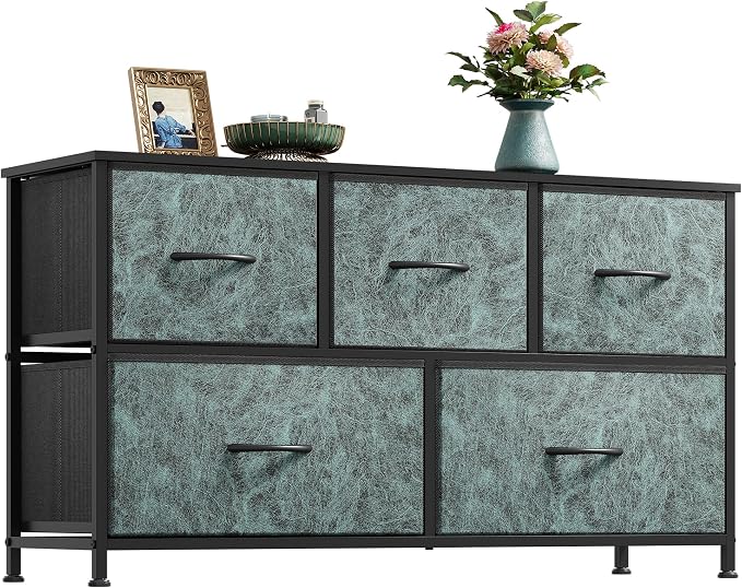 WLIVE Dresser for Bedroom with 5 Drawers, Wide Chest of Drawers, Fabric Dresser, Storage Organizer Unit with Fabric Bins for Closet, Living Room, Hallway, Vintage Green