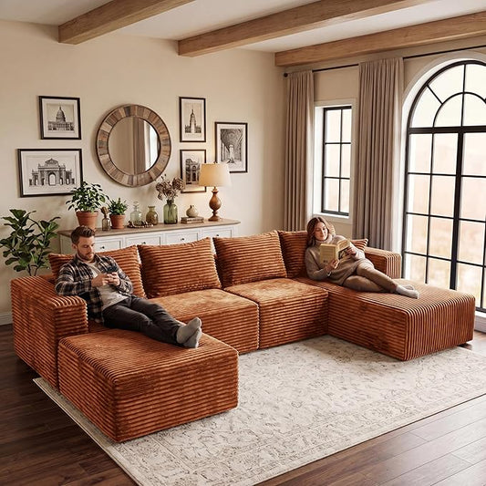 Modular Sectional Sofa, Boneless Compressed Sofa in a Box, U-Shaped Cloud Couch with Deep Seats & Chaise for Living Room, No Assembly Required (Orange, 118" U-Shape with Right Facing Chiase)