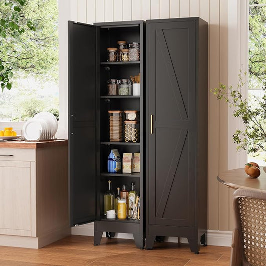 Narrow Bthroom Storage Cabinet Tall Metal Storage Cbinets with 4 Adjustable Shelves Freestanding 5 Tier Slim Pantry Cabinet for Kitchen Office Small Space