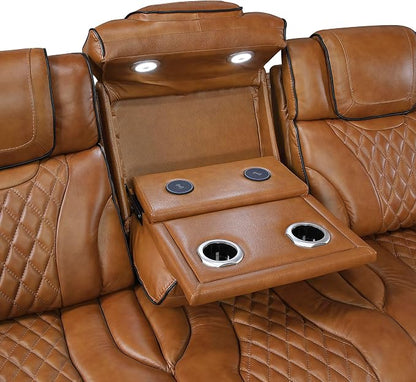 Lexicon Power Double Reclining Sofa, Center Drop-Down Table with Heat/Massage/Headrest/Storage Arms/Cup Holders/LED Lights/Wireless Charging, Top Grain Leather Match Wall Hugger Recliner Sofa, Brown
