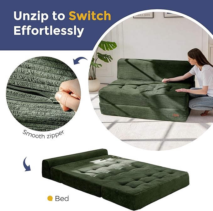 MAXYOYO 8" Folding Sofa Bed, Fold Out Chair Bed, Convertible Floor Sofa Couch, High-Density Foam Tufted Lounge Couch for Living Room Bedroom Dorm, Loveseat, Dark Green