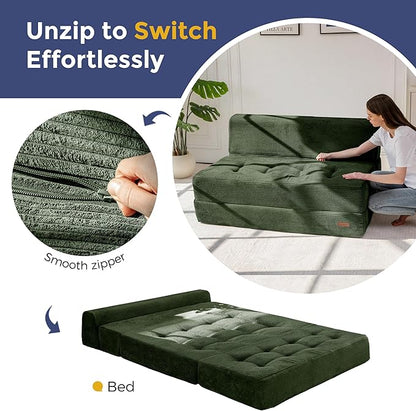 MAXYOYO 8" Folding Sofa Bed, Fold Out Chair Bed, Convertible Floor Sofa Couch, High-Density Foam Tufted Lounge Couch for Living Room Bedroom Dorm, Loveseat, Dark Green
