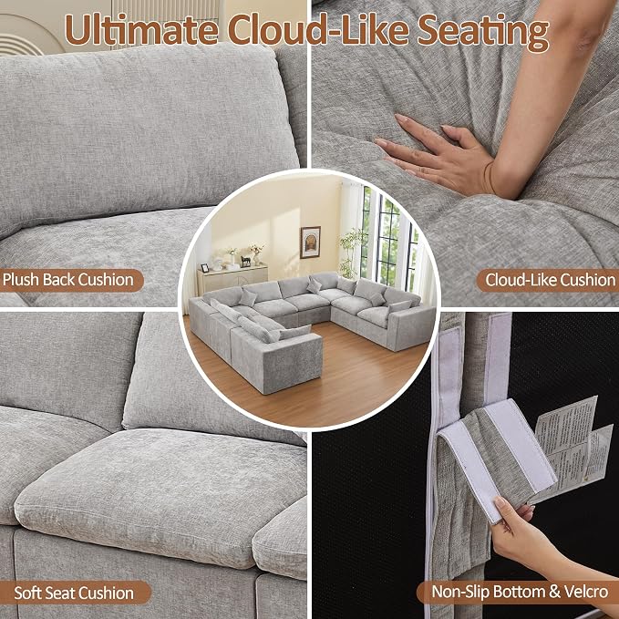 146''Cloud Boneless Sectional Couch, Modular Sectional Sofa Deep Seat, Oversized Upholstered Convertible Comfy 8 Seater Chenille Memory Foam Sofa U Shape Couches for Living Room, Light Grey