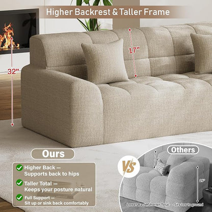 91.5" Modern Boneless Couch for Living Room, Comfy Cloud Sectional Sofa with Deep Seat, Chenille Love Seat Oversized Upholstered 3-Seater Sofa, No Assembly Required Tufted Sofas, Light Brown