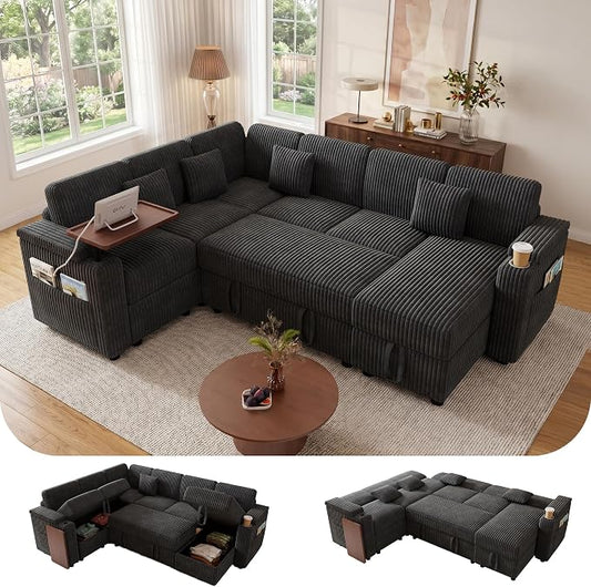 L-Shaped Sectional Sleeper Sofa with Pull Out Bed, Dark Grey | Plush Corduroy, Reclining Backrest, Storage Chaise, Usb Ports, Cup Holders & Table – Modular Cloud Couch for Living Room