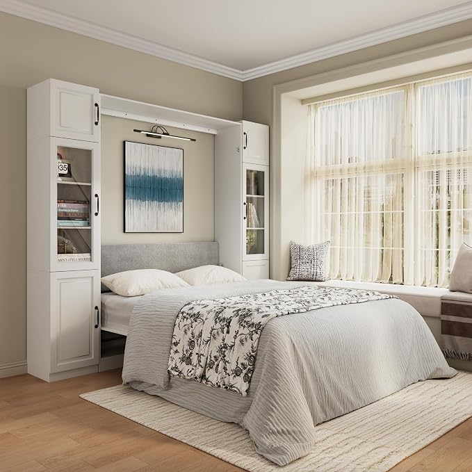Bobve Farmhouse Murphy Bed Queen,85" Wall Bed Folds to Save Space,Concealed Bed Frame with 2 Glass Storage Cabinets(Small) and Wall Mounted Features for Apartment/Office/Guest Room